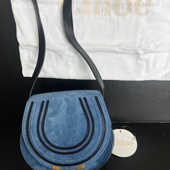 Brand New With Tags Chloe Marcie Cross Body Saddle Blue Suede Bag - Picture 11 of 13